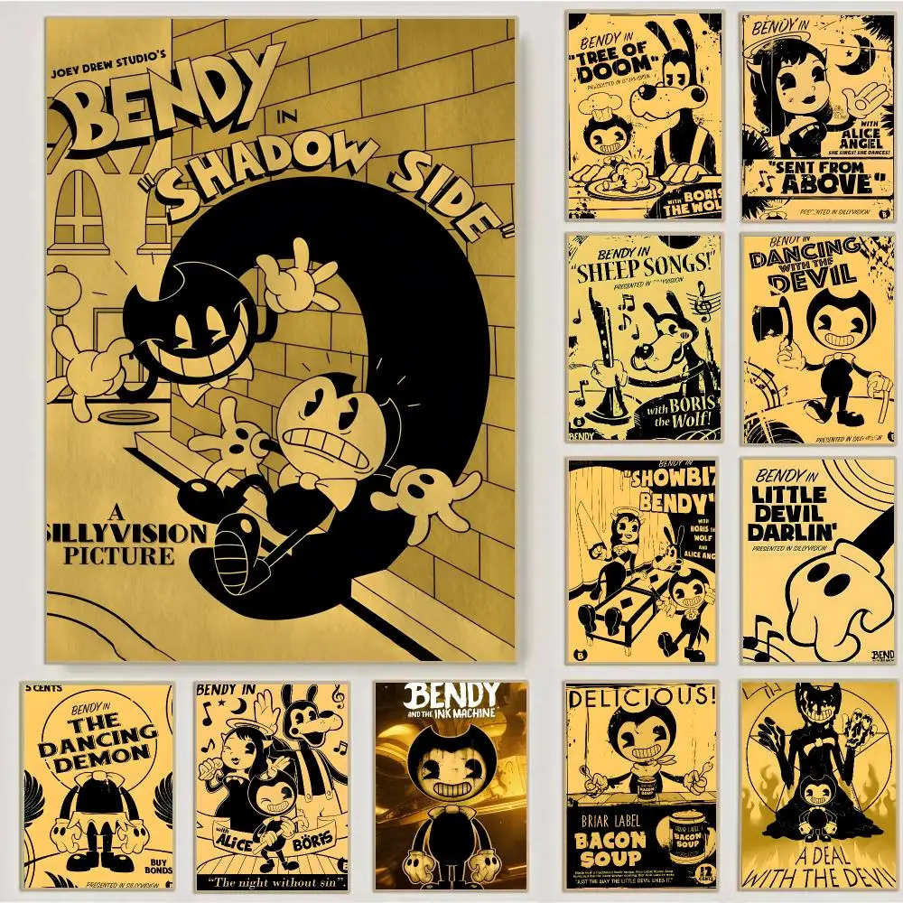 Bendy And The Ink Machine Game Retro Poster Waterproof Sticky Wall Art Print For Bedroom Living Room Hallway Bar Home Decor