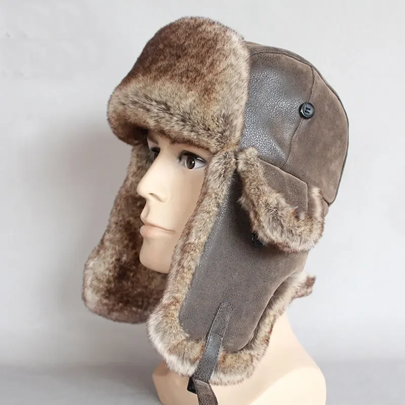 Adult Bomber Hats Winter Men Warm Windproof Russian Ushanka Hat With Ear Flap Pu Leather Fur Man Male Trapper Cap Earflap