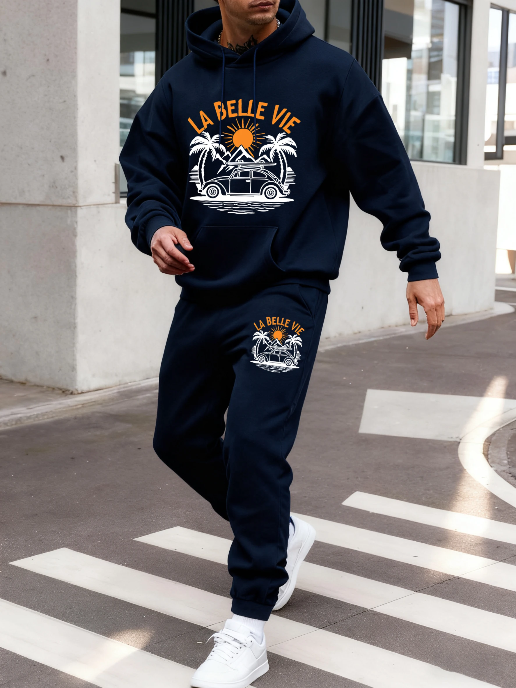 

La Belle Vie Beach Printed Men Fashion Hoodie Set All-Match Autumn Sweatpants Pocket Fleece Pullover Casual Sports Clothes Suits