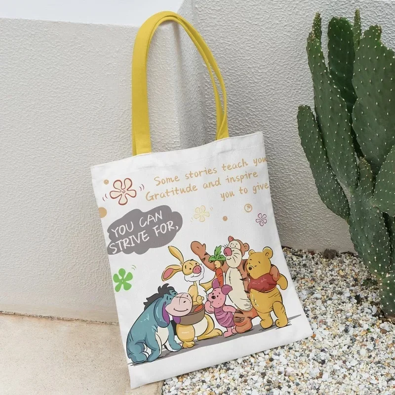 Disney Student Versatile Cartoon Winnie The Pooh Canvas Bag Large Capacity Book Bag Handbag Going Out Mom Commuting Bag