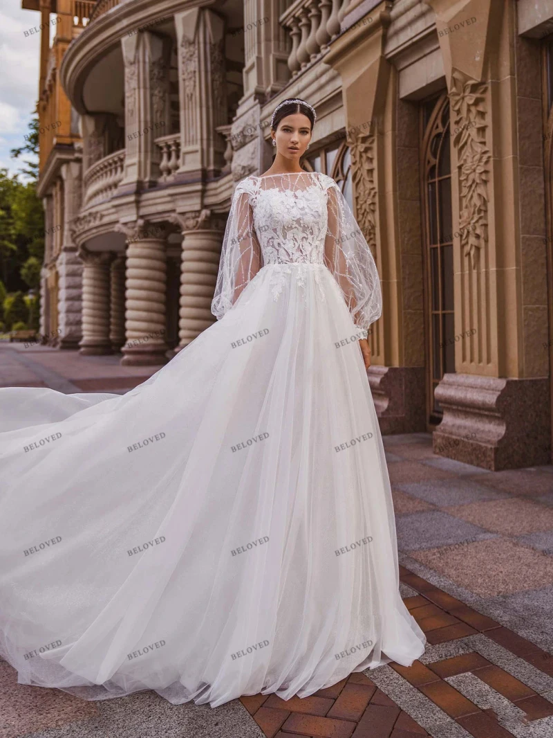 Bohemen Trouwjurken Elegante Bruidsjurken Kanten Appliqués Met Lange Pofmouwen Voor Formele Feestvestidos De Novia