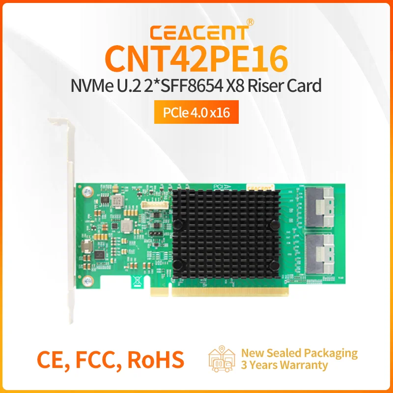 

CEACENT CNT42PE16 NVMe Gen4.0 Adapter PCIe4.0 Retimer Chip, PCIe 4.0 x16 2-Port SFF8654(x8), Support up to 4x NVMe(Gen4.0) SSD
