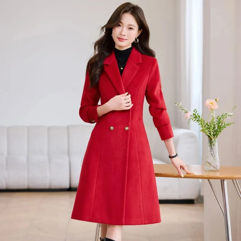 Women's Wool Trench Coat for Business Commuting - Autumn Winter Thickened Mid-Long Blazer, Professional Suit Jacket (W2179)