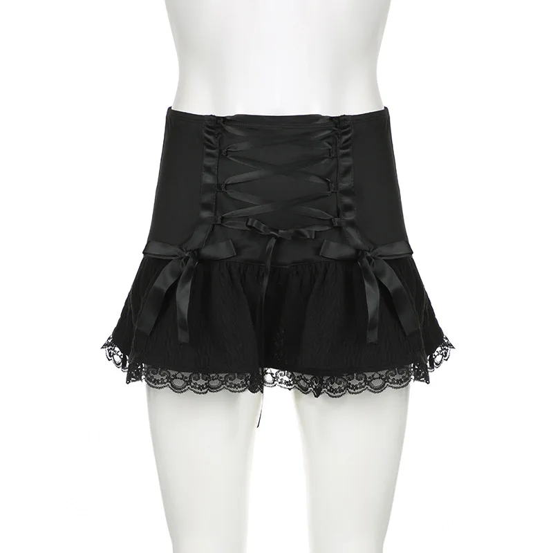 Dark Fashion Design Belted Butterfly Knot Solid Color Wrap Slimming Lace Splice Pleated Short Skirt for Women