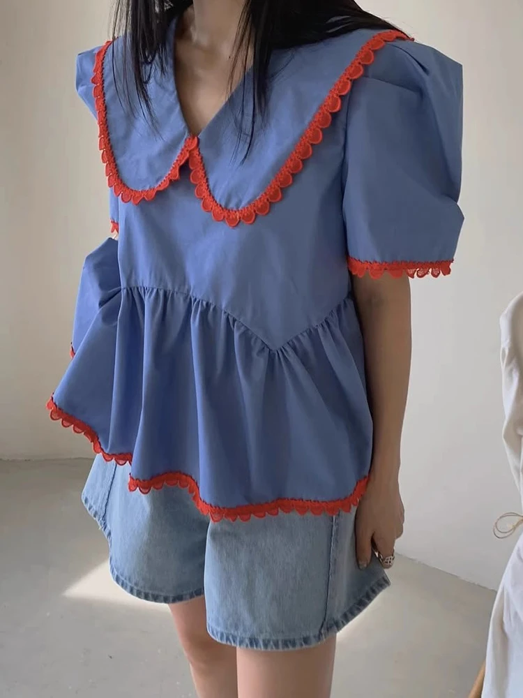 Słodki Letni Nowy Elegancki Top z Kołnierzykiem typu Doll, Luźny Krój Bubble, Akcenty Damskie, Bawełniany Top z Krótkim Rękawem