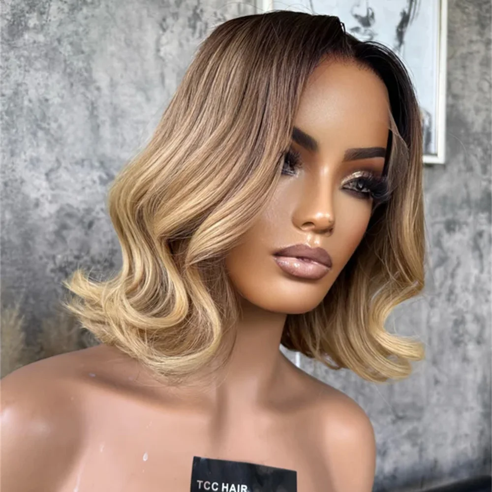 

Ombre Blonde Short Wavy Wig for Women Lace Front Bob Style Synthetic WigHeat Resistant Natural Appearance for Everyday Hairstyle