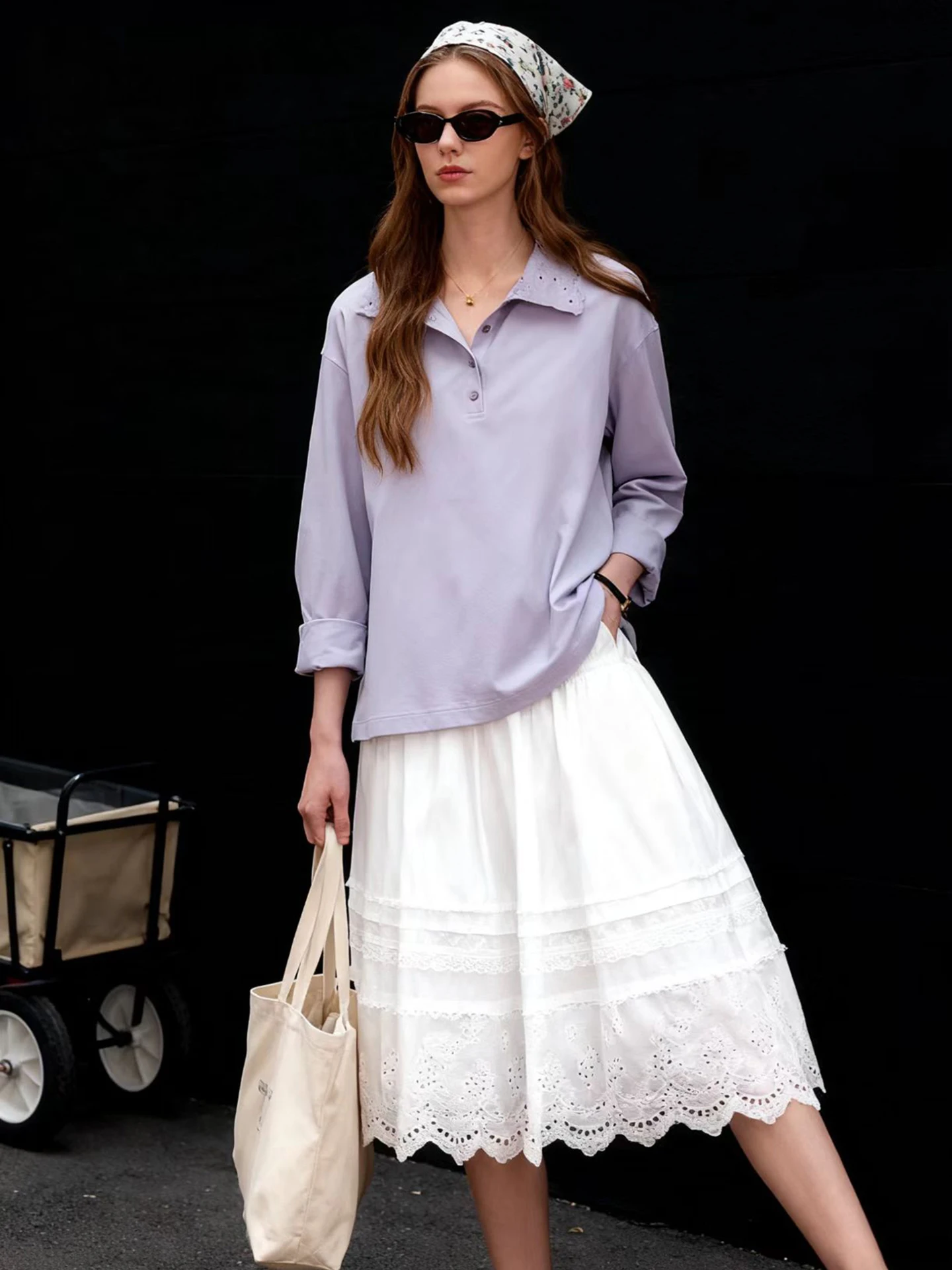 

HUAAPPUW Embroidered Patchwork Loose Commute Cotton Straight Shirt Women's Spring New Style Simple Style Long Sleeve Breathable