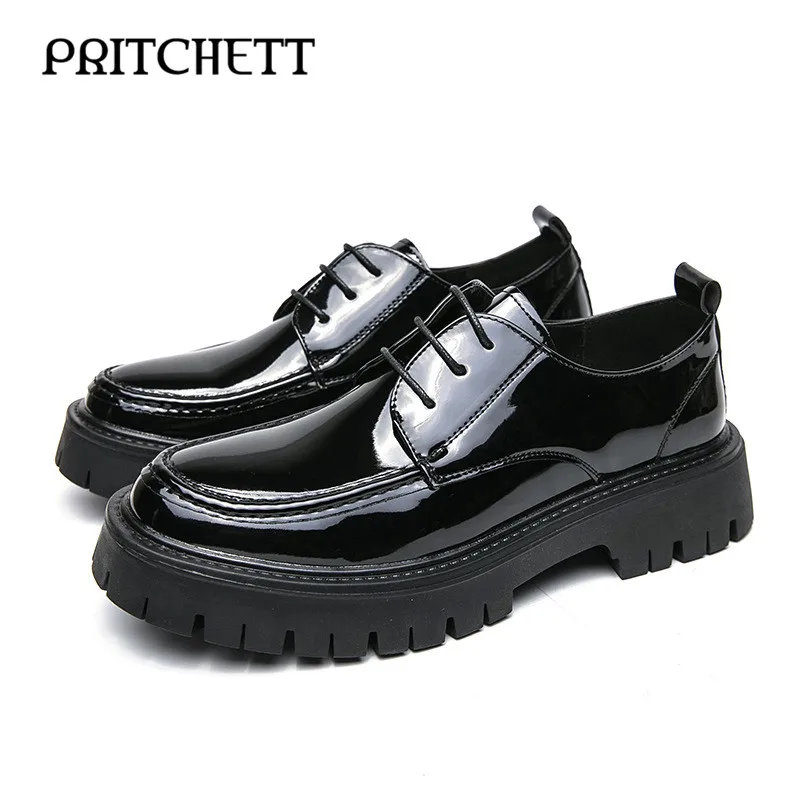 

Patent Leather Shiny Big Toe Leather Shoes Thick Sole Business Casual Lace-Up Shoes Height Increase Workwear Leather Shoes