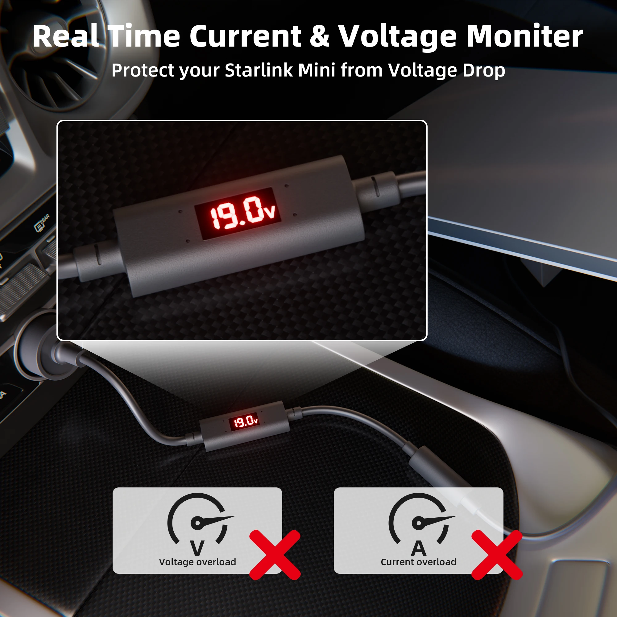 Starlink mini-autoadapter met step-up booster en realtime spanningsstroommonitor sigarettenaansteker voedingsadapter DC-stekker