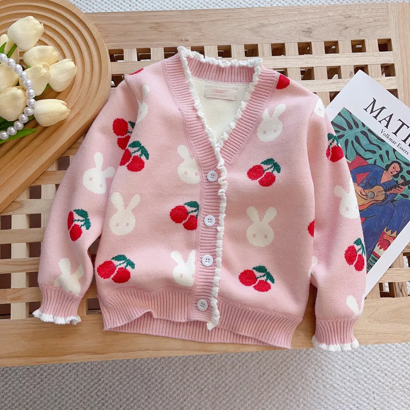 Maglioni a maniche lunghe per ragazze in stile coreano cartone animato spesso caldo Maglieria per bambini Fodera per bambina Cappotto cardigan in