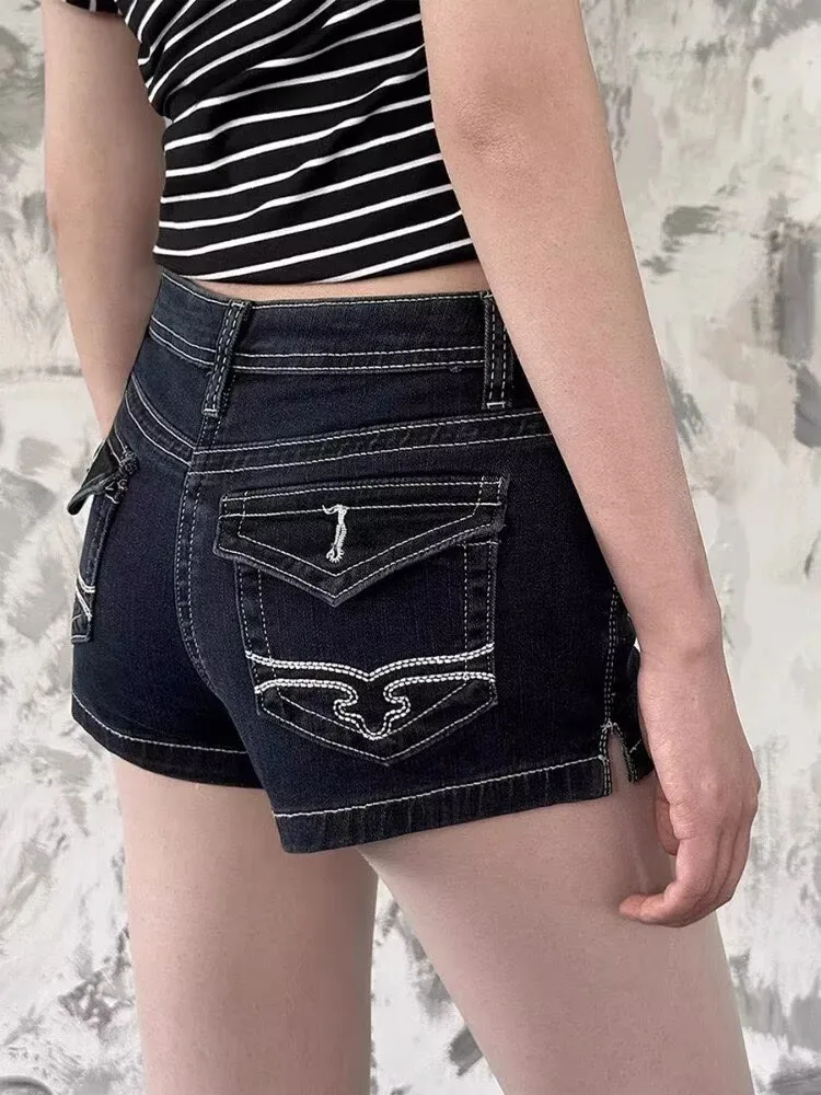 

Retro American Hot Girl Sle Deep Blue Low Waist Embroidered Denim orts Women's Slim Fit Butt Lifting Hot Pants Cotton Str...