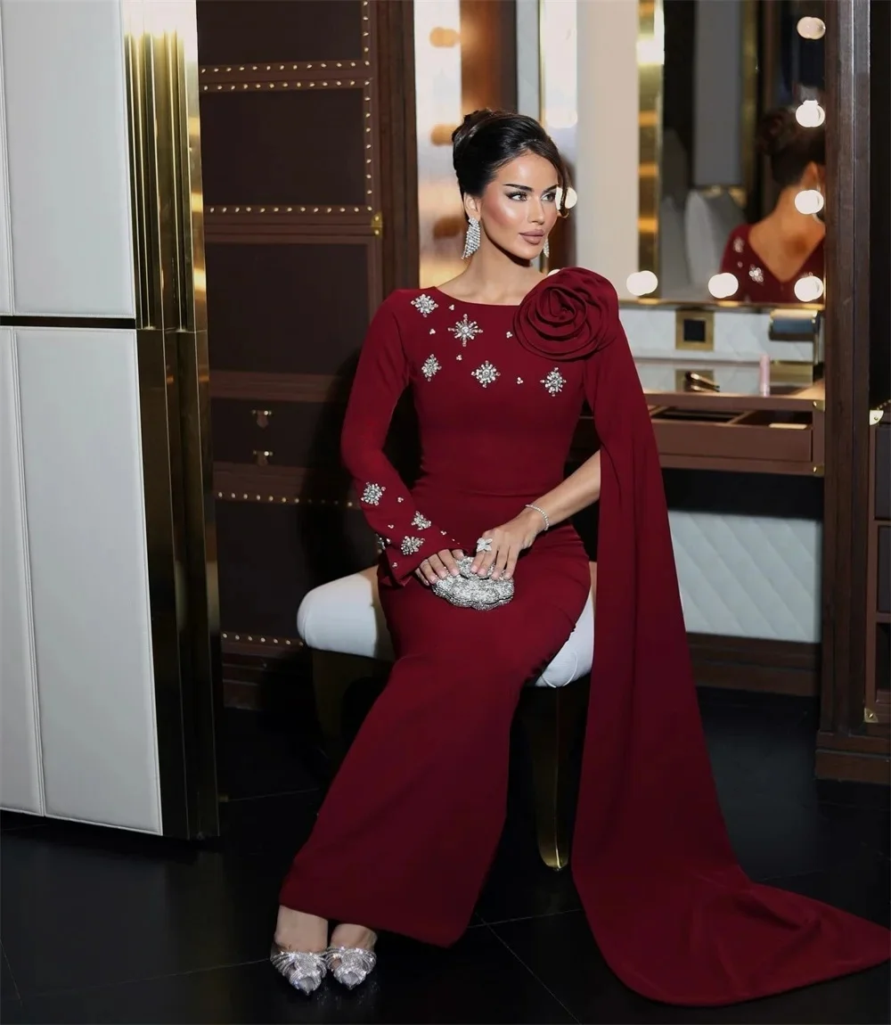 

Burgundy Beaded Floral Long Bespoke Occasion Gown Evening Dresses Prom Pastrol Unisex Jersey Retro Dubai Saudi Arabic Customized