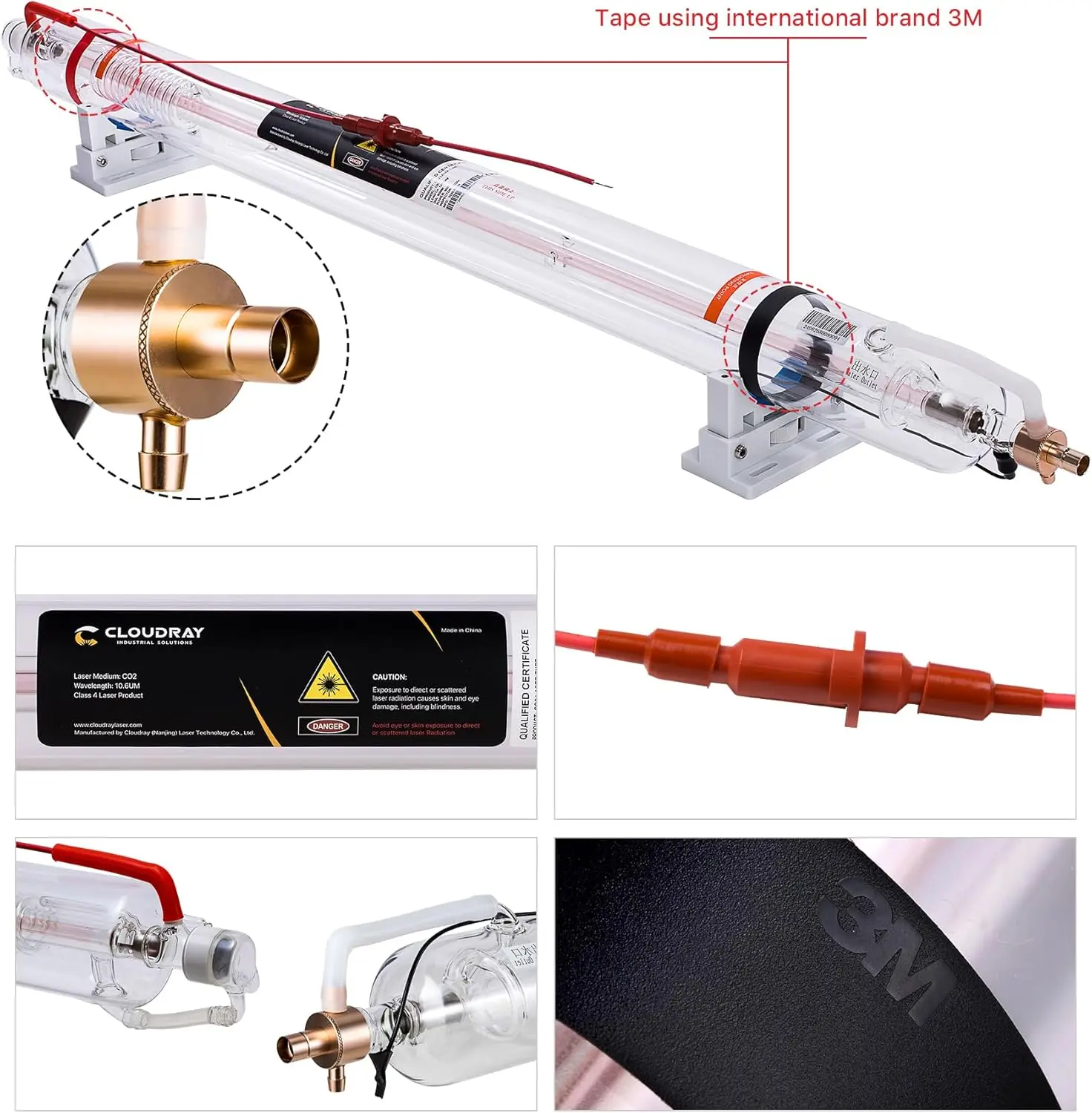 Cloudray 90W Laser Tube 1250mm Dia.80mm,CO2 Tube 90W,100W CO2 Tube,Cable Preconnected with Coating,90 Watt C02