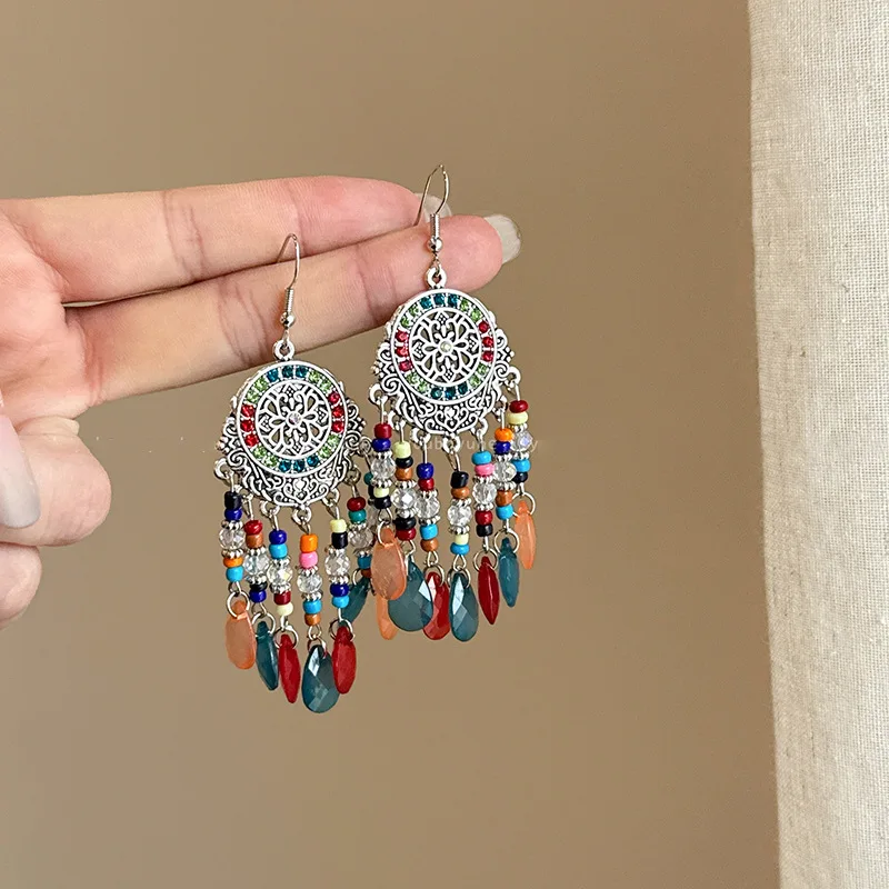 البوهيمي خمر خرز كريستالي شرابة قطرة استرخى أقراط للنساء هندسية اليدوية العرقية بيان بوهو مجوهرات الزفاف #3