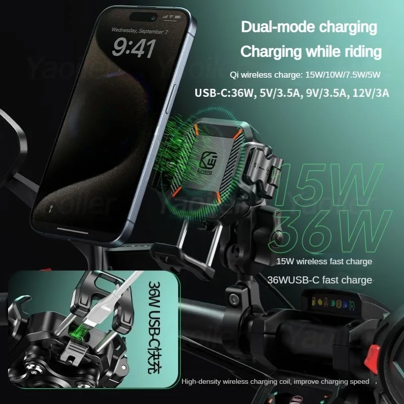 Motorcycle Phone Holder Handlebar Mount 15W Wireless Charger & 36W PD/USB C Fast Charging Port 1s Lock Release Camera Friendly