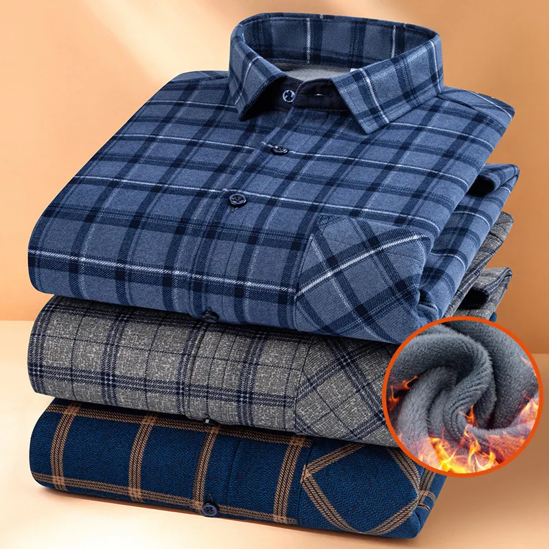 Autumn Winter Men's Fleece Plush Thickened Warm Plaid Shirt Turn Collar No Ironing Comfortable Long Sleeve Shirts Jacket