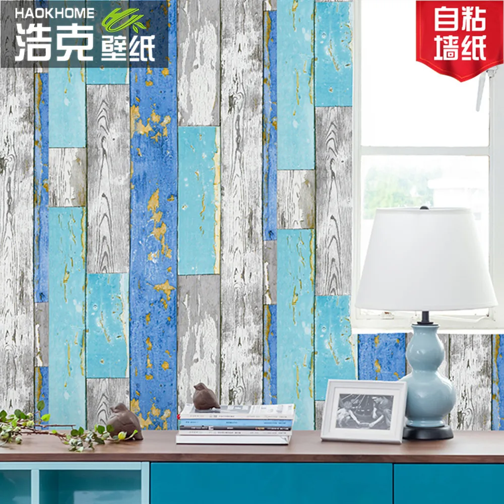 Mediterranean Style Self Adhesive Nordic Waterproof Wood Grain Wallpaper for Bathroom Restaurant Milk Tea Shop Decorative