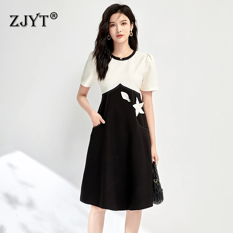 

ZJYT Designer Elegant White Black Color Block Dress Women Summer Clothes 2024 Short Sleeve Floral Applique Office Lady Dresses