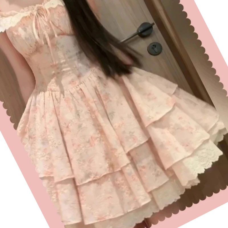 

French Sweet Cute Girls Floral Flying Sleeve Dress Summer New Holiday High-waisted Slimming Princess Tutu Dresses for Women