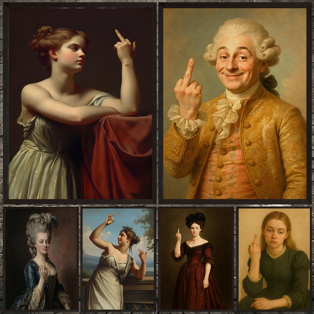 Middle Finger Parody Classical Oil Poster And Print,Funny Gift & Pop Culture Funny Vintage Portrait Wall Art Canvas Painting