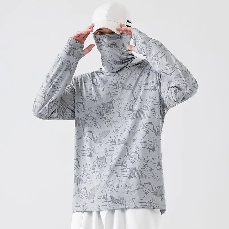 Men Anti‑UV Fishing Shirt Leaf Pattern Face Cover UPF50+ Quick Dry Breathable Long Sleeve Outdoor Angling Sport Tops