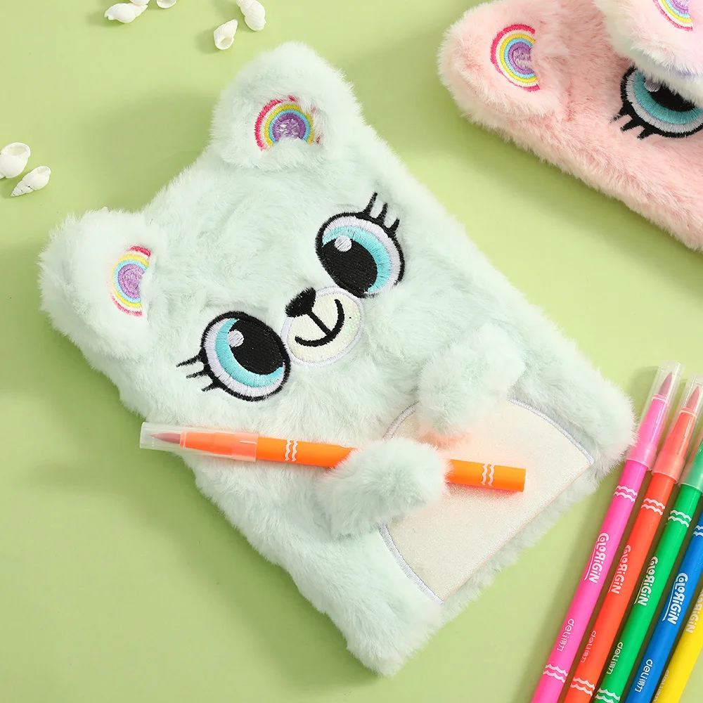 Cute Koala Plush Notebook For Girls Kawaii Pendant Keychain Furry Cats Notebook Daily Planner Journal Book Note Pad Stationery