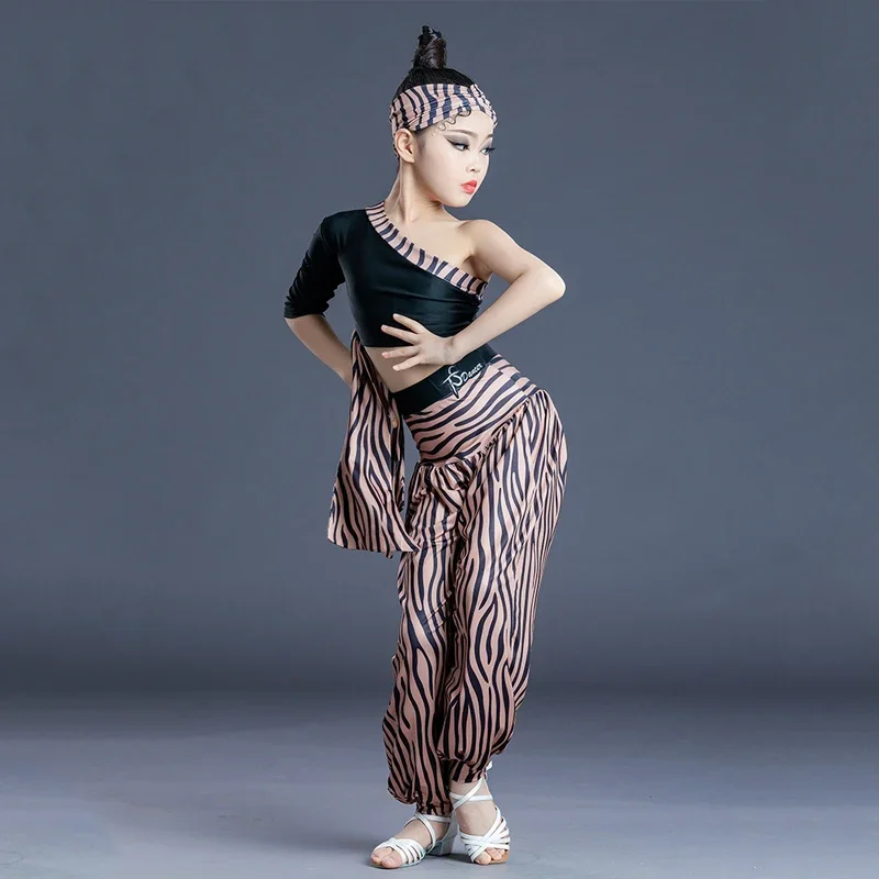 Slanted Shoulder Zebra Pattern Latin Dance Pants Girls' Latin Performance Clothes Children'S Latin Dance Practice Clothes