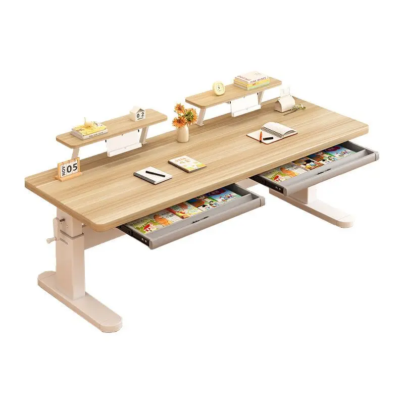 Double hand lift desk student study table, solid wood lift table home computer