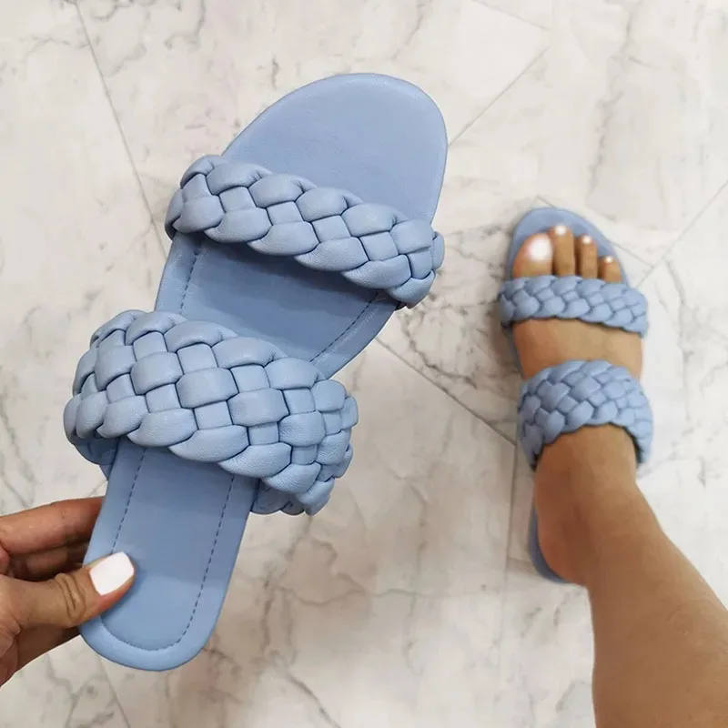 Summer Double Braid Modern Sandals Women 2024 New Flat Slides Leather Fashion Casual Slip on Woman Outdoor Beach Shoes