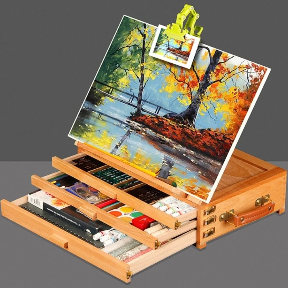 Adjustable Beech Wooden Table Easel Multifunction Professional Art Painting Easel Box Folding Oil Paint Sketch Drawer Box