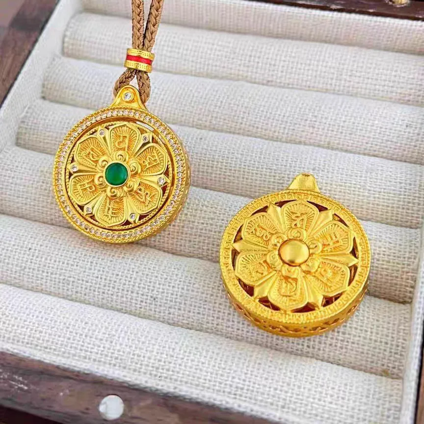 

AU999 24K Gold Green Bead Diamond Filigree Lotus Necklace - Polished Petals + Matte Filigree, Rotatable