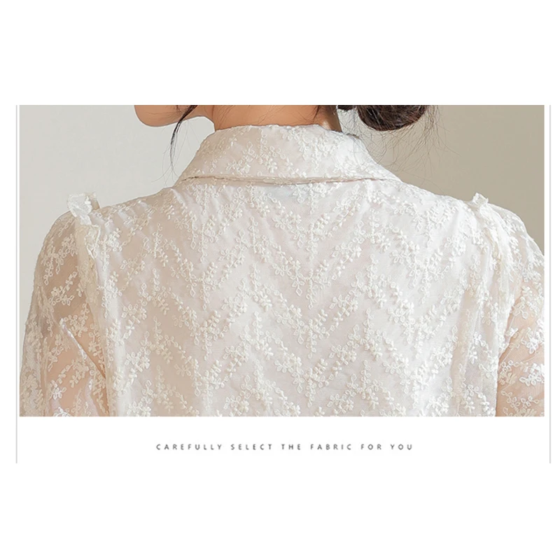 New 2024 Summer Lace Blouse For Women Short Puff Sleeve Beige Color See-through Elegant Tops Chinese Style Shirts & Blouses