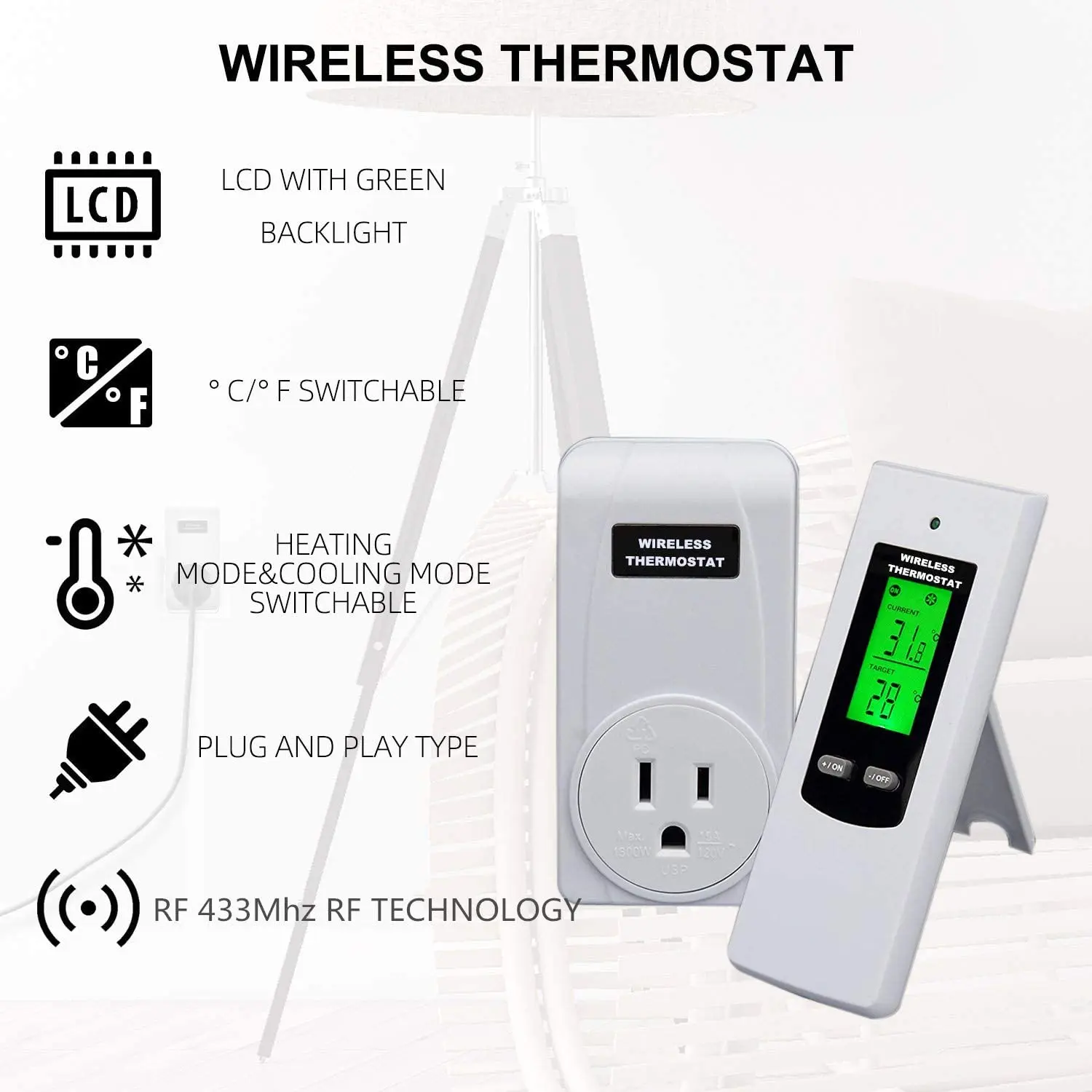 Wireless Plug in Thermostat Outlet, Electric Thermostat Controlled Outlet with Built-in Temperature Sensor Remote Control White