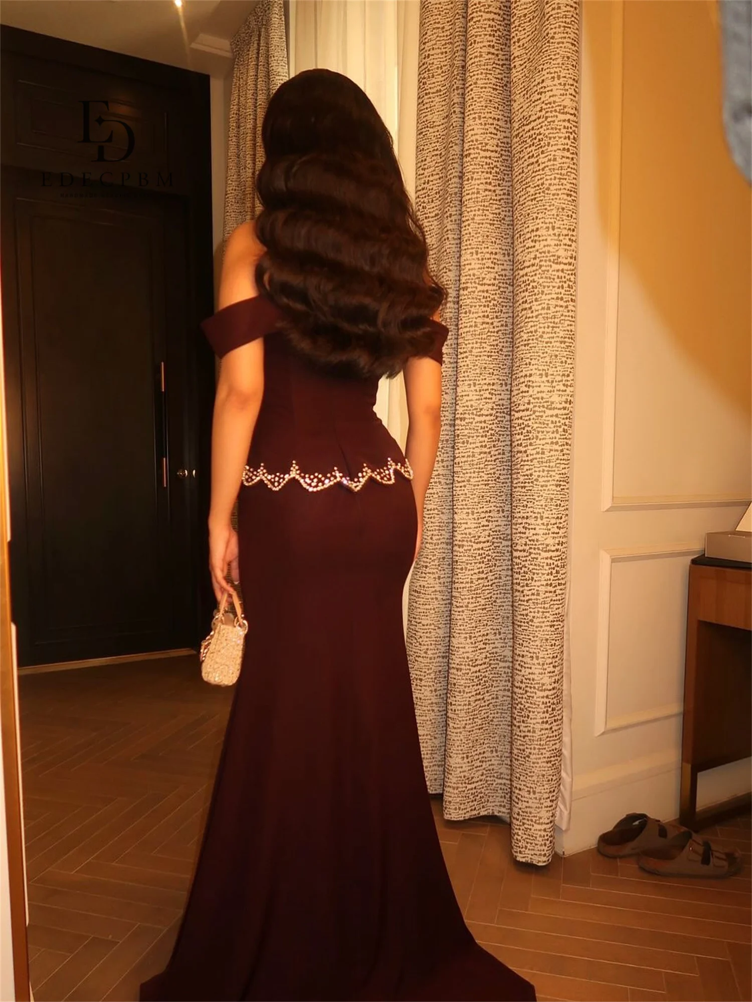 EDECPBM Vestidos De Festa Women Evening Dresses 2025 Luxury Crimson Red Off-shoulder Customized فساتين سهرة Paste the Diamond