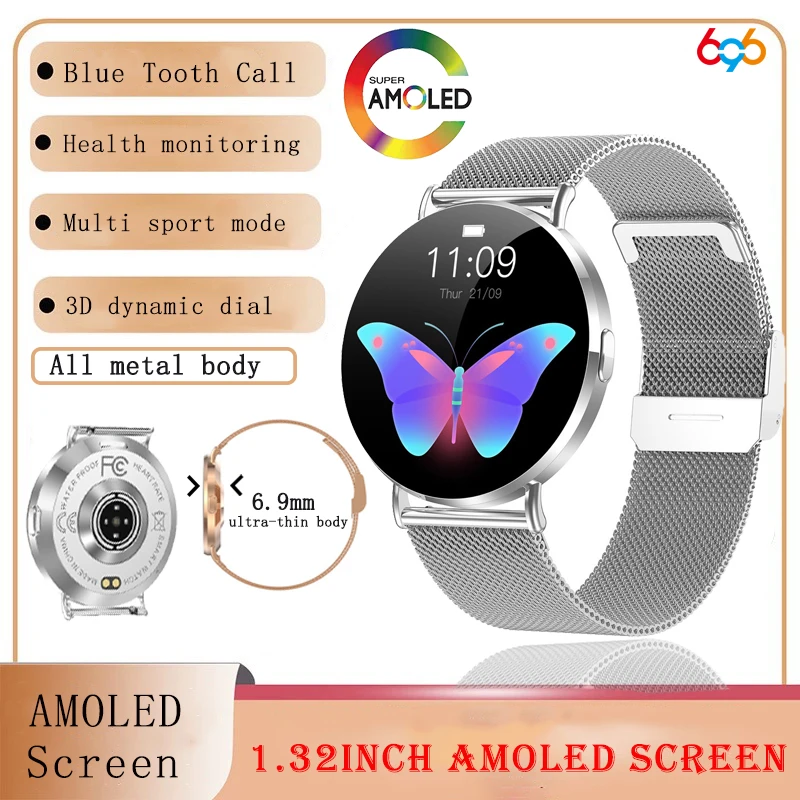 

AMOLED-экран, цельнометаллический корпус, женский Bluetooth-вызов, 3D динамический циферблат, BT-вызов, умные часы, напоминание о сердечном направлении, умные часы