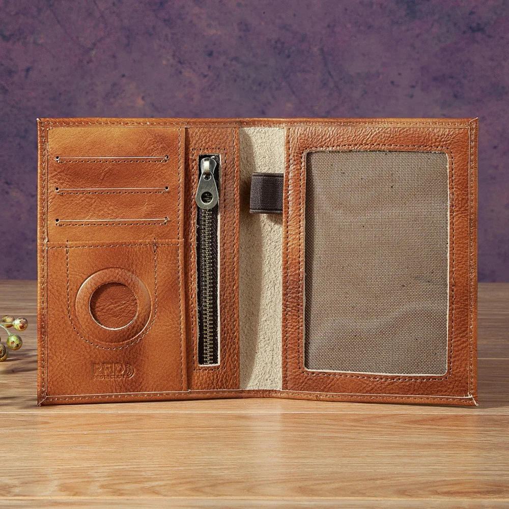 Crazy Horse Leather Passport Holder AirTag Travel Wallet RFID Blocking Vintage Top Grain Cowhide Document Case with Zipper