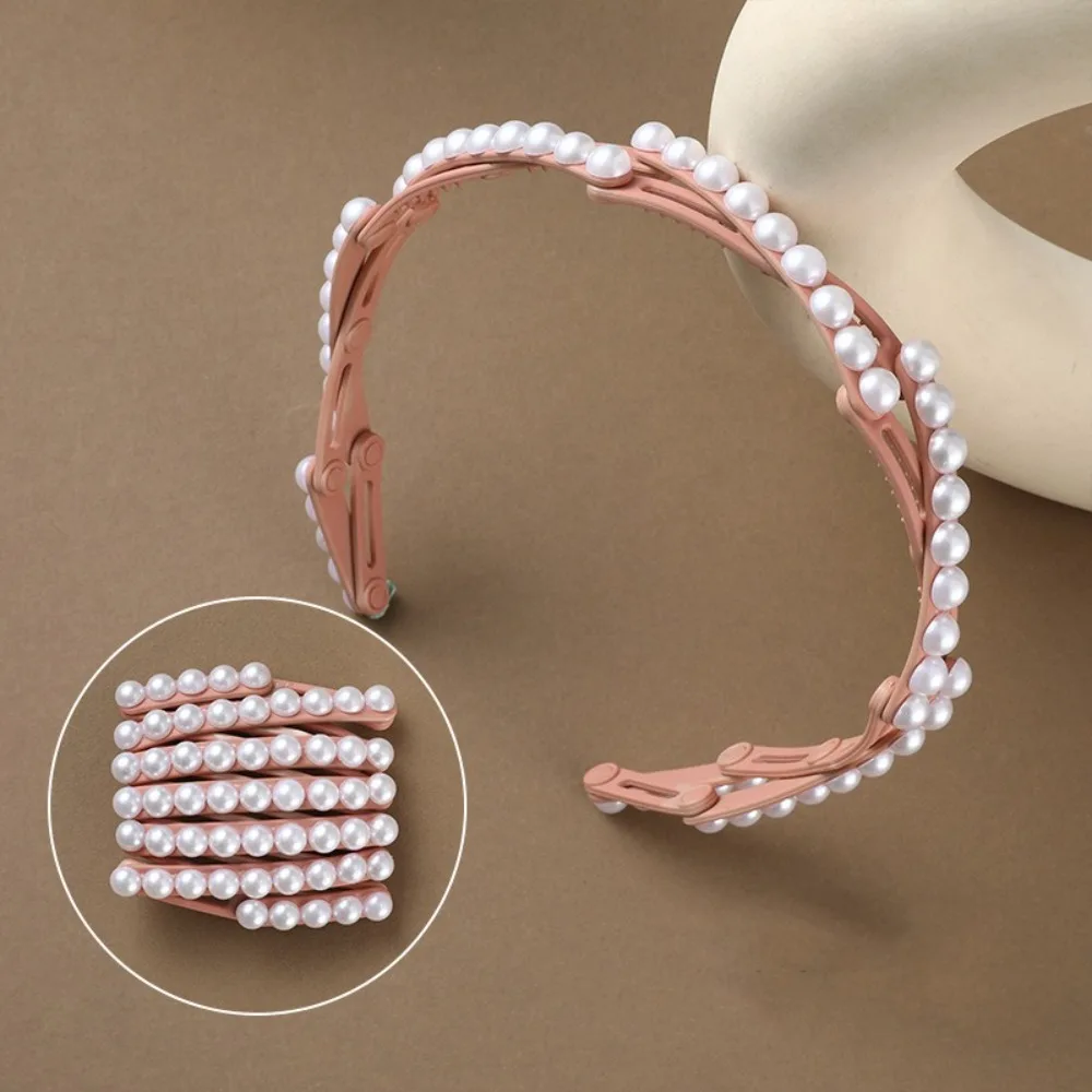 All-matched Forsted Foldable Pearl Headband Waterproof Plastic Retractable Hair Hoop Small Pink Portable Hair Band Daily