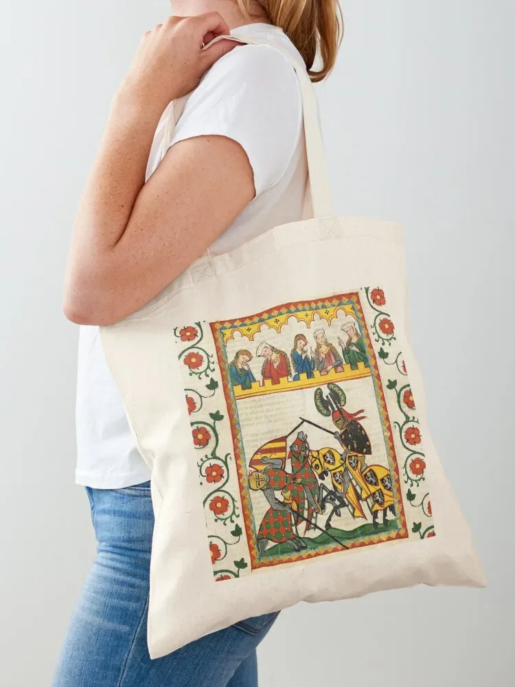 MEDIEVAL TOURNAMENT, FIGHTING KNIGHTS ,DAMSELS AND RED WILD ROSES Tote Bag shopper bag women reusable shopping bag