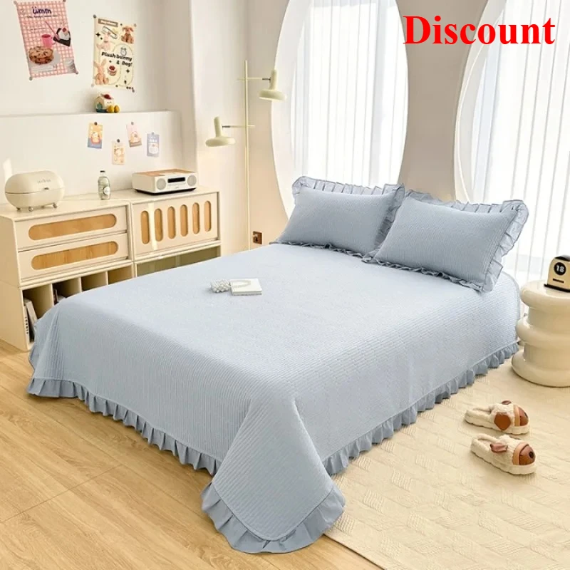 Pure cotton bed cover padded cotton thickened yarn-dyed cotton small fresh lace bed cover three-piece tatami bedspread