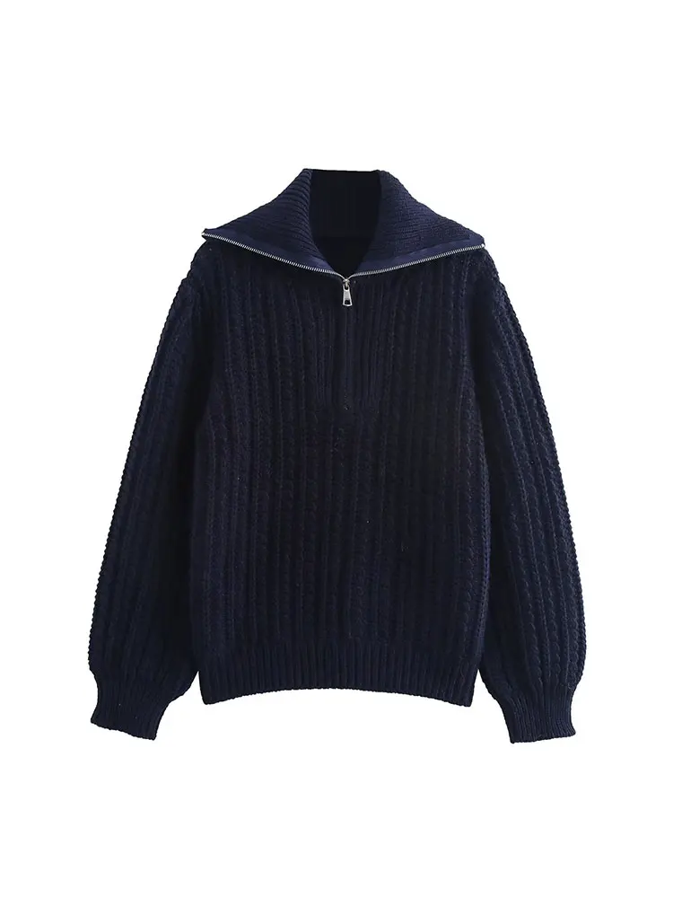 TRAF 2024 Autumn Winter Women\'s New Fashion Commuter Zipper Pullover Long Sleeve Knitwear Loose Comfortable Sweater