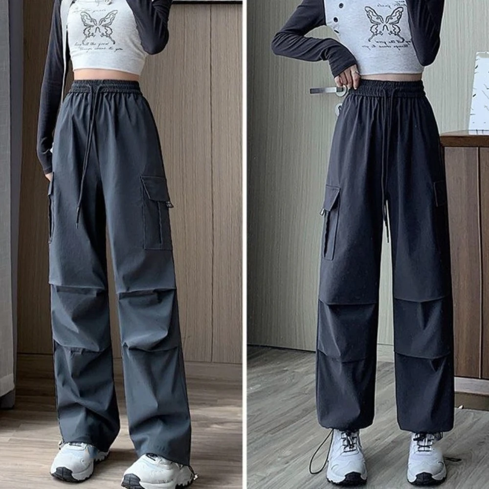 

Chic Y2K Wide Leg Loose Pants Solid Color Streetwear Casual Drawstring Pants Elastic Waist Straight Sweat Pants Women Lady