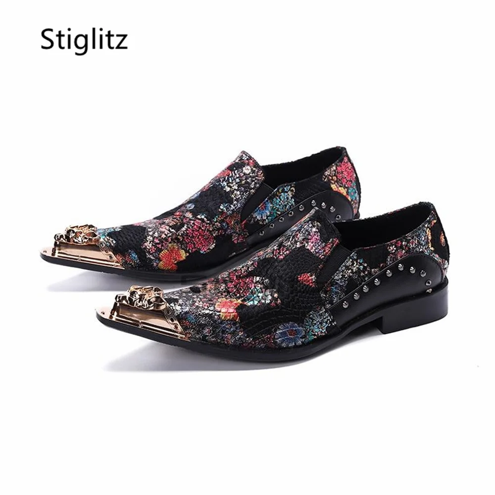 Men's Mixed Colors Business Dress Shoes Metal Pointy Toe Slip-On Casual Genuine Leather Loafers Gentleman Party Male Shoes