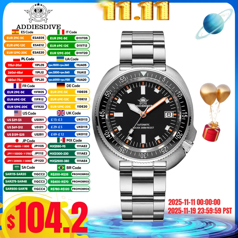 ADDIESDIVE Лидер продаж AD2081 часы для мужчин BGW9 синие светящиеся 20 бар сапфировое стекло для дайвинга Япония NH35A автоматические механические часы