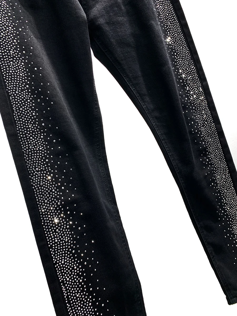 Fashion Heavy Rhinestone Black Jeans for Men 2025 Trendy Casual Stretch Pants High-end Slim Fit Skinny Pants