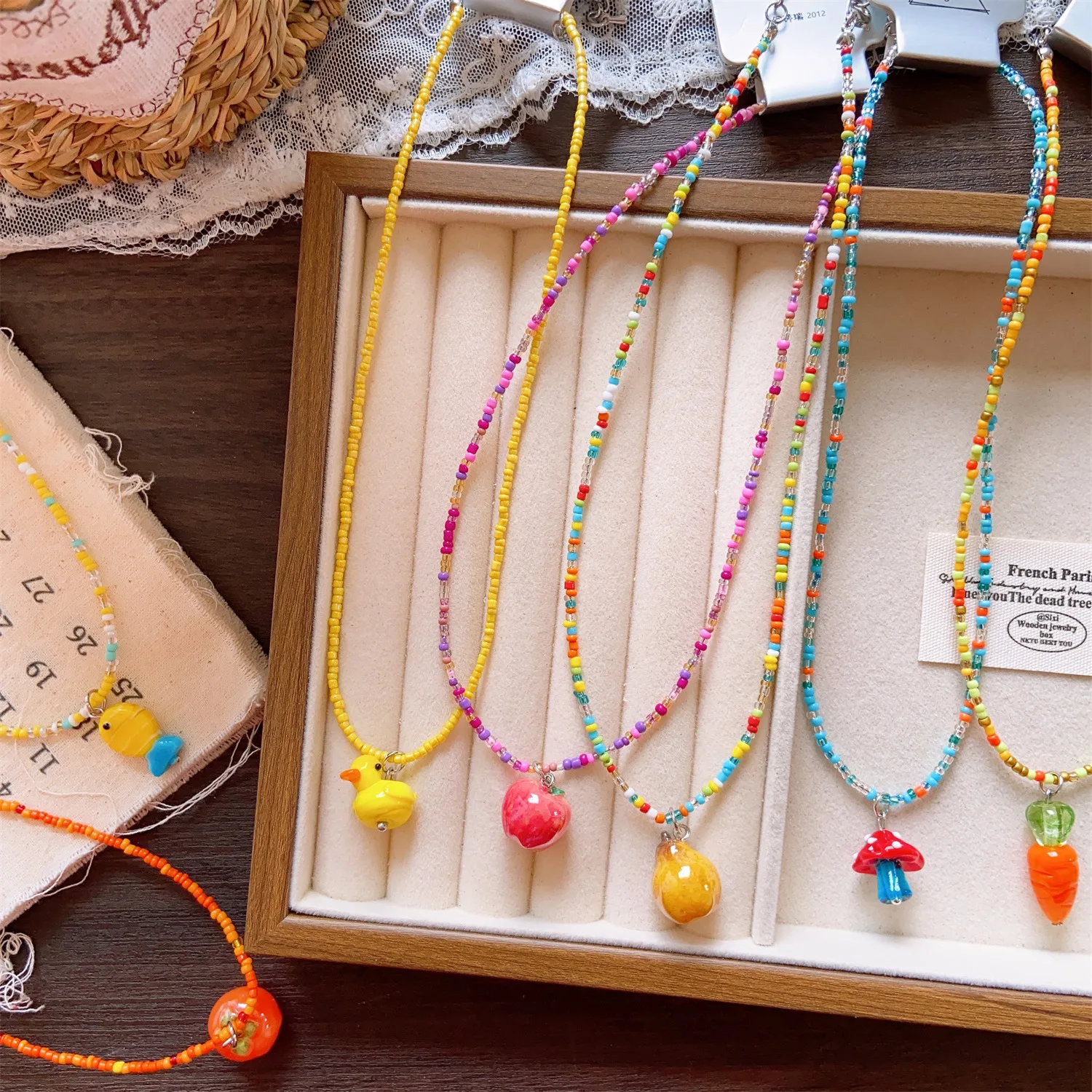 Necklace Candy Color Seed Bead Bohemian Cartoon Fruit Mushroom Handmade Beaded Dopamine Women Lightweight Travel Party Gift