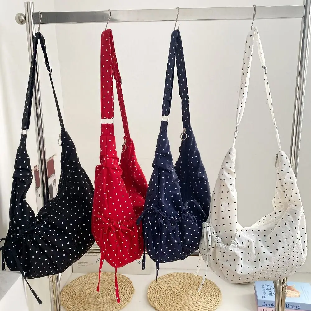 

Korean Style Polka Dot Nylon Crossbody Bag Ballet Style Prined Pleated Shoulder Bag Large Capacity Lightweight