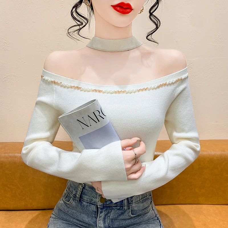 

Ele Long Sve Knitted Sweater Women's oulder Bared Neline Slimming Base Layer Top Korean Sle Commute Faion