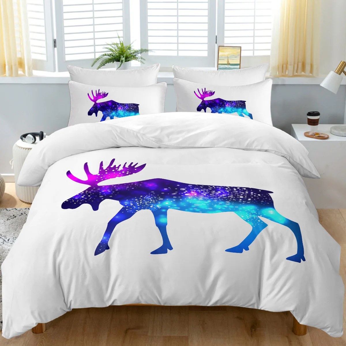 

3pc Shining Blue and Purple Elk Design Bedding Set for Christmas Quilt Cover Set with Zipper Closure and 2 Pillow Cases