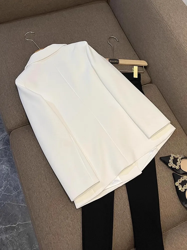 Elegant Style Lady Fine Workmanship Rhinestone Beading Office Wear Single Buttons Long Sleeve Women White Blazer