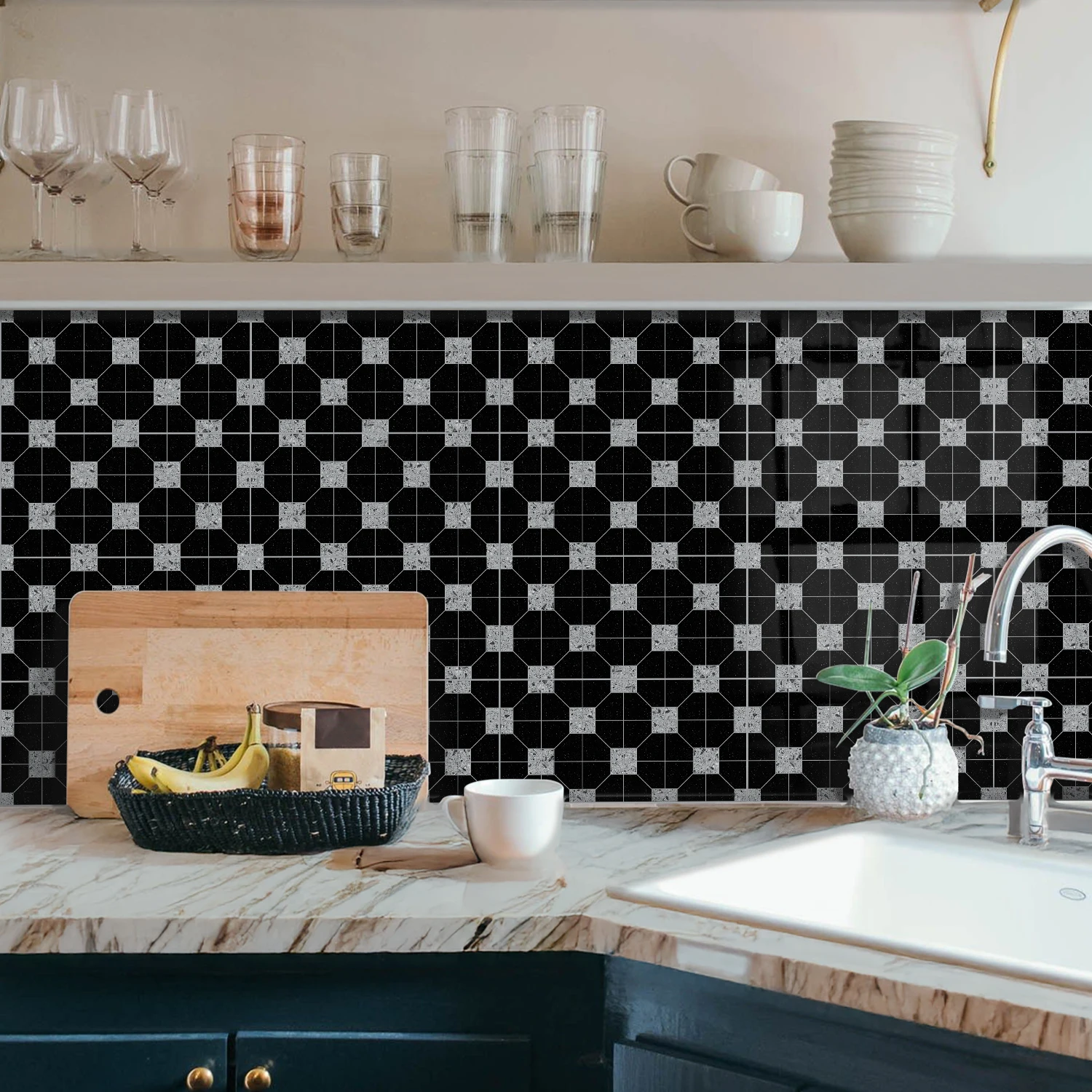 

Black and white splicing pattern self-adhesive PVC self-adhesive room decoration ceramic tile stickers wall decoration